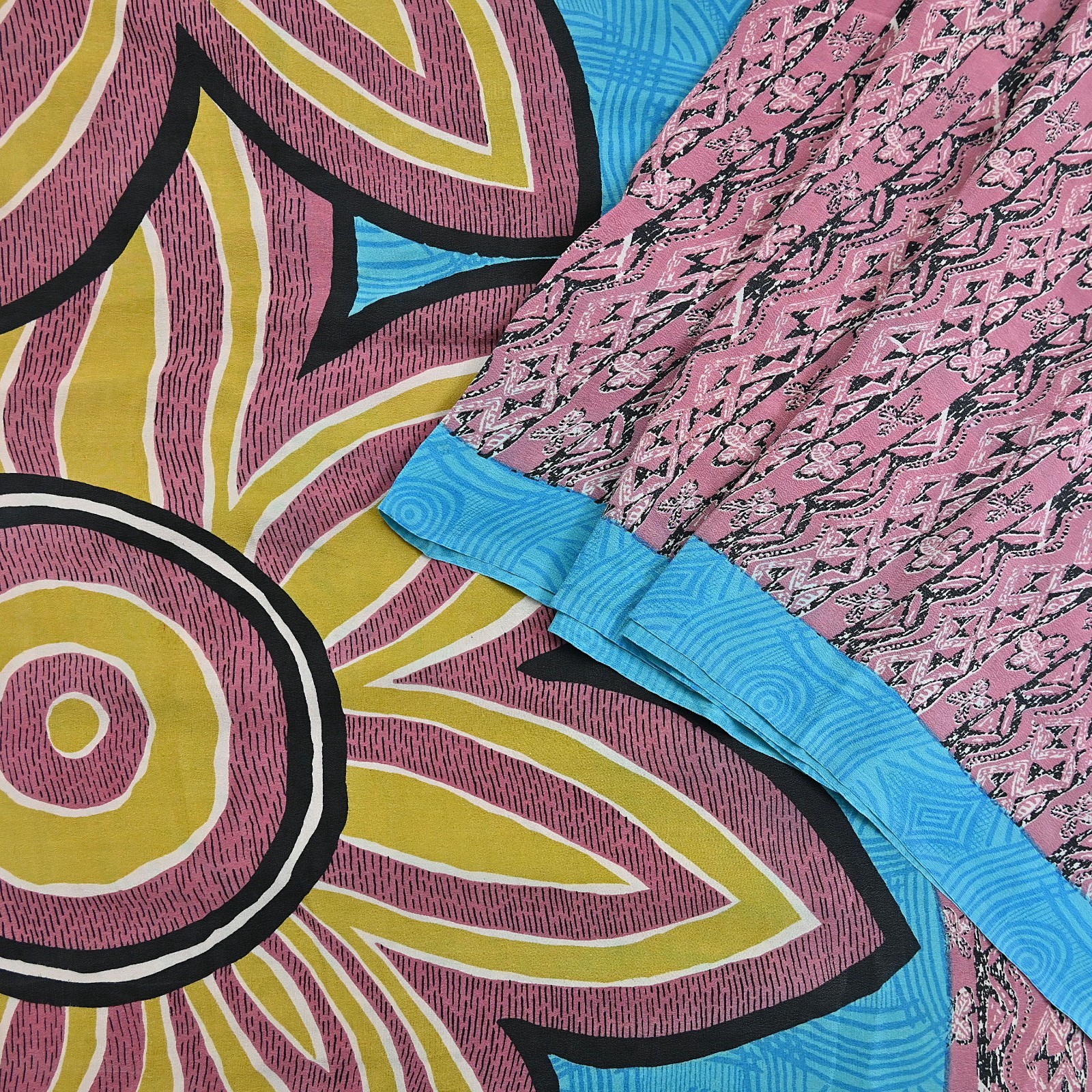 Indian Vintage Sari Pink & Black Pure Crepe Silk Printed Saree 5yard Sewing Soft