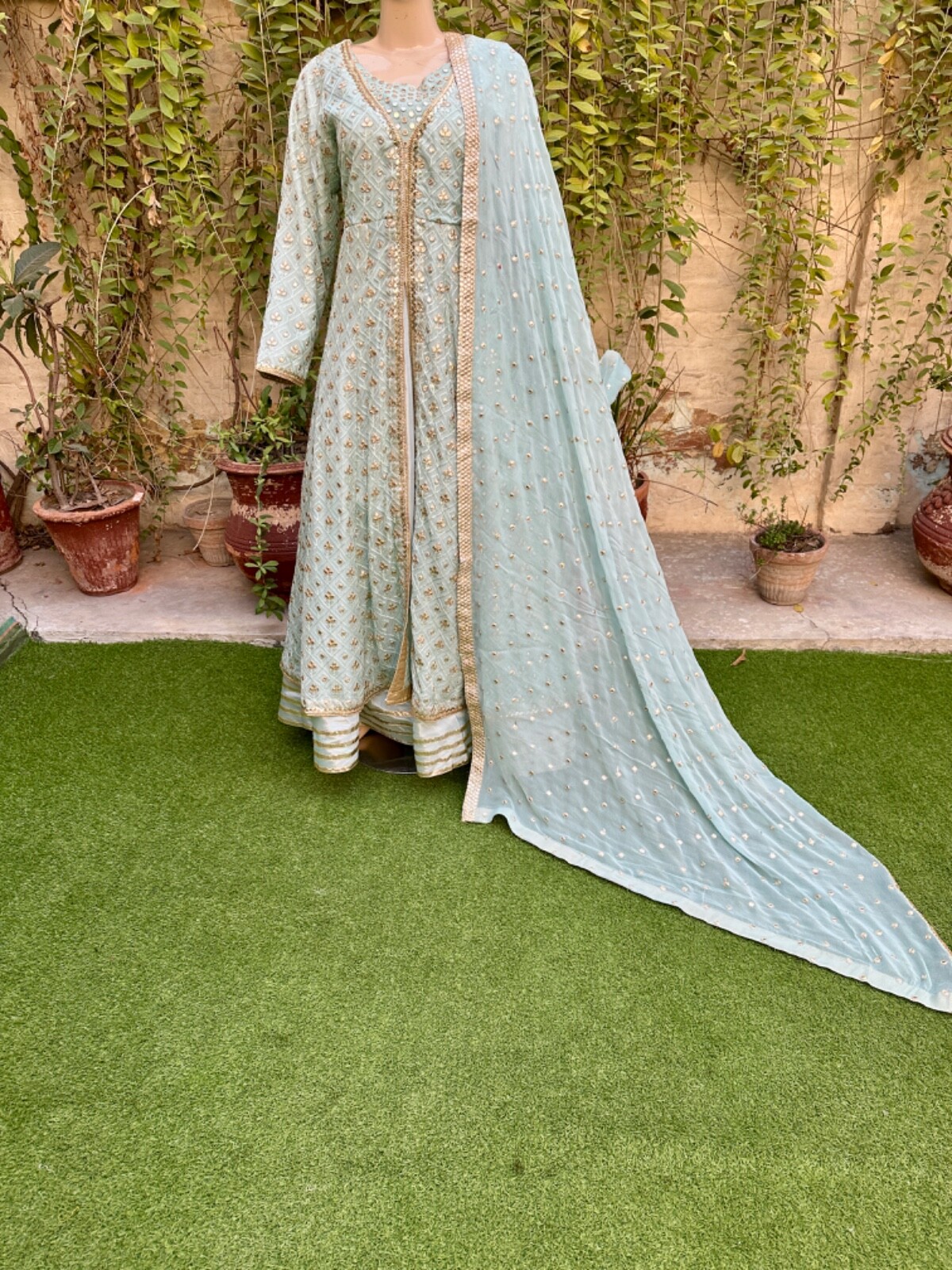 Pakistani Sky Blue double Long Maxi Style Embroidered Sequins Chiffon Dress,XL