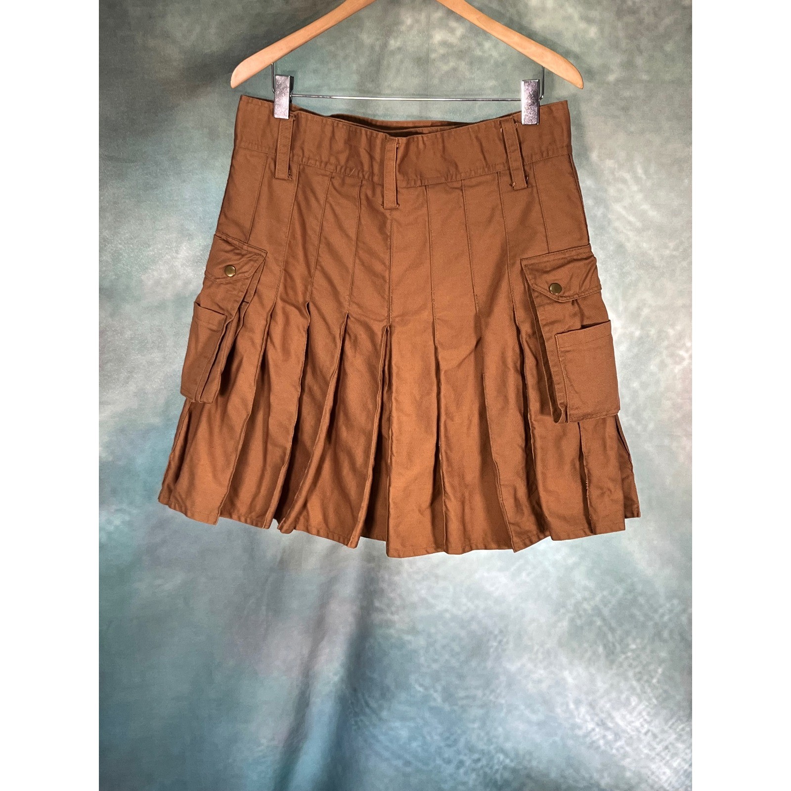 Modern Kilts Mens Brown Utility Cargo Kilt Snap Front Pleated Festival Size 38