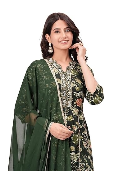 Women’s Rayon Viscose Printed Anarkali Kurta with Pant & Dupatta