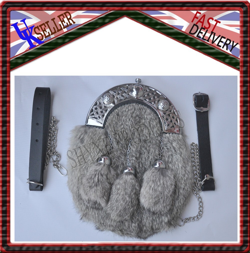 SCOTTISH FULL DRESS SPORRAN GREY RABBIT FUR & CHROME CELTIC CANTLE