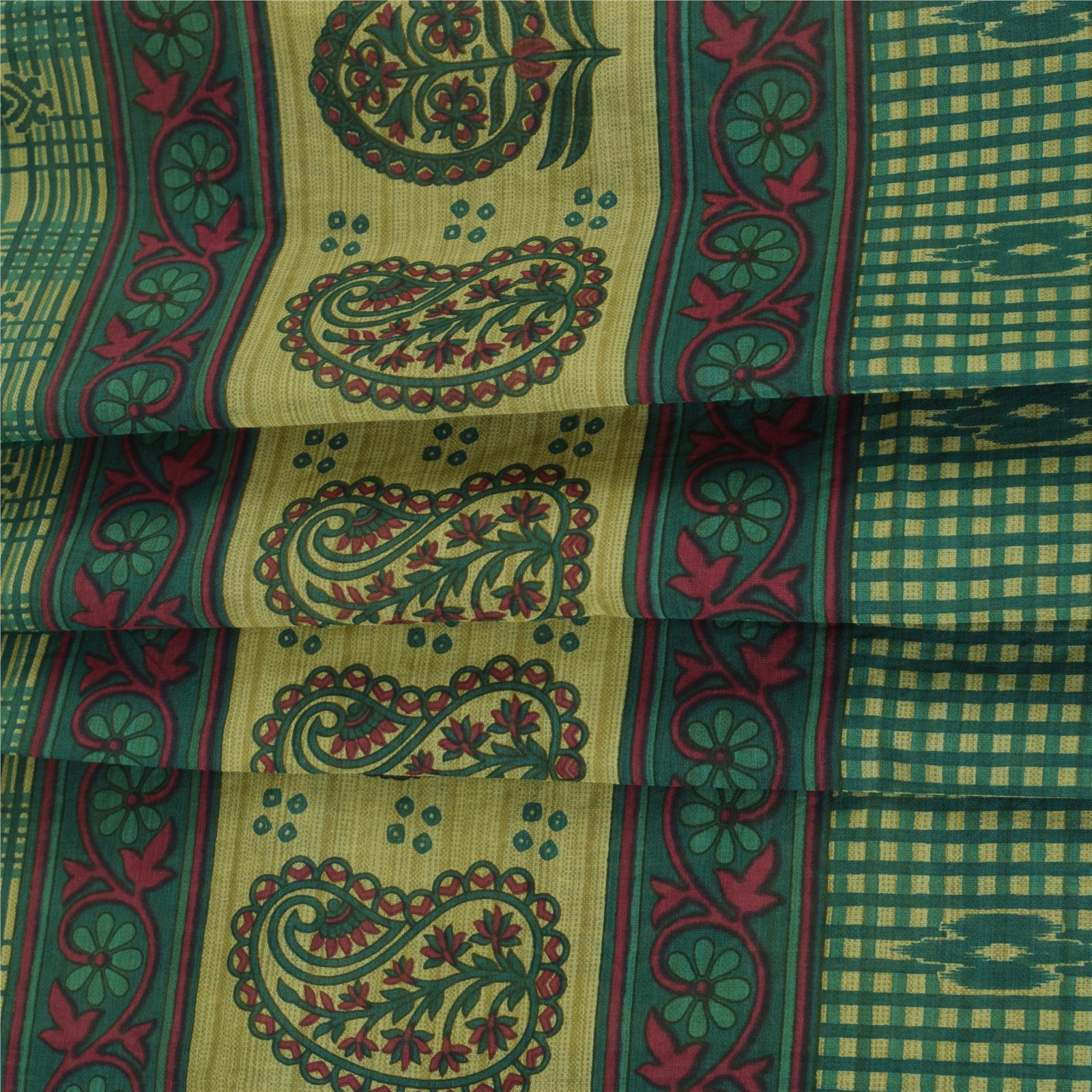 Sanskriti Vintage Sarees Indian Green Pure Cotton Printed Sari 5+Yd Craft Fabric