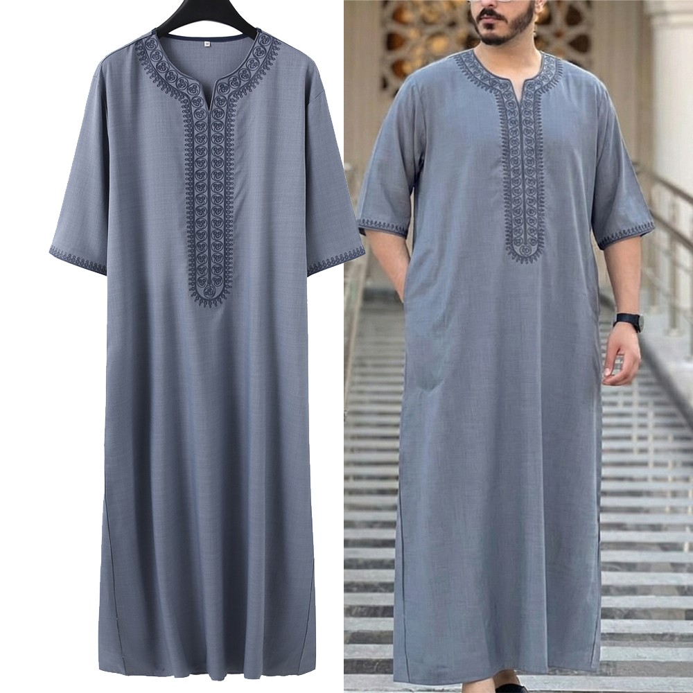 Embroidery Mens Top Muslim Islamic Arabic Clothing Middle Eastern Loose Robe Eid