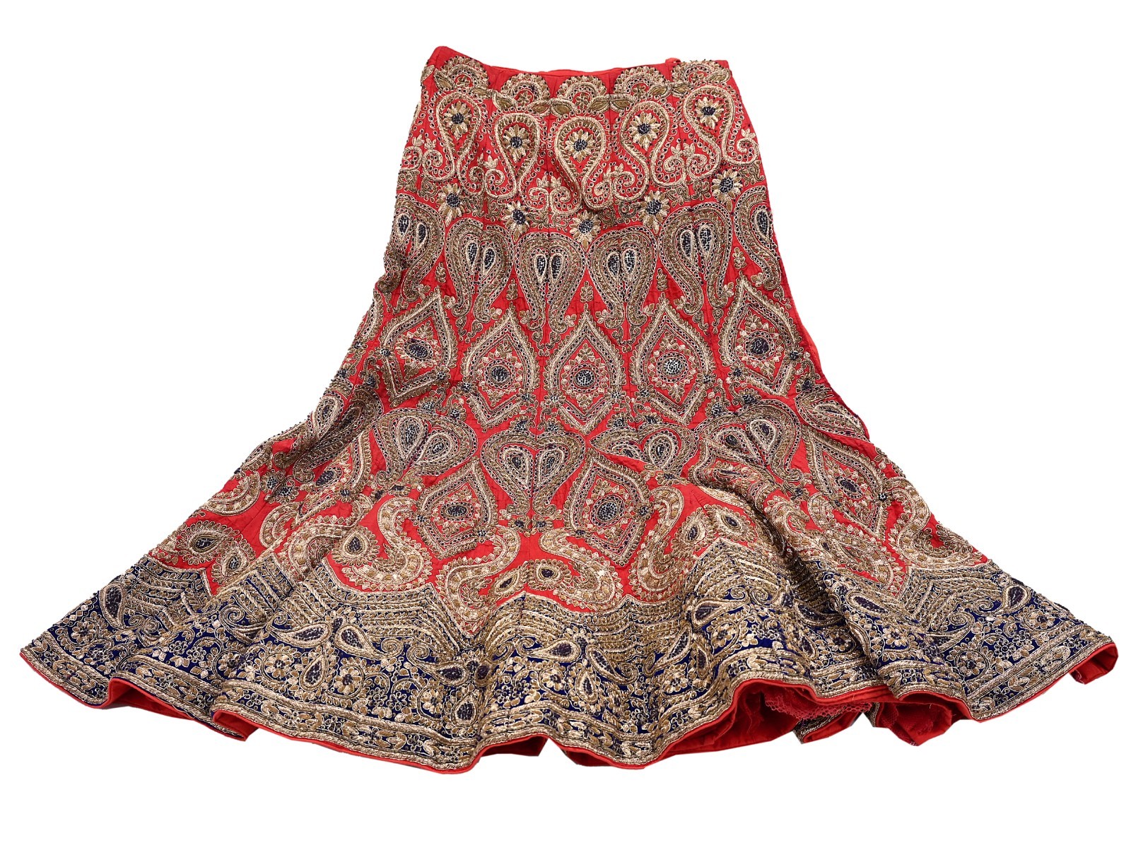 Indian Vintage Heavy Red Pure chanderi Silk Hand Embroidered skirt/lehenga dabka