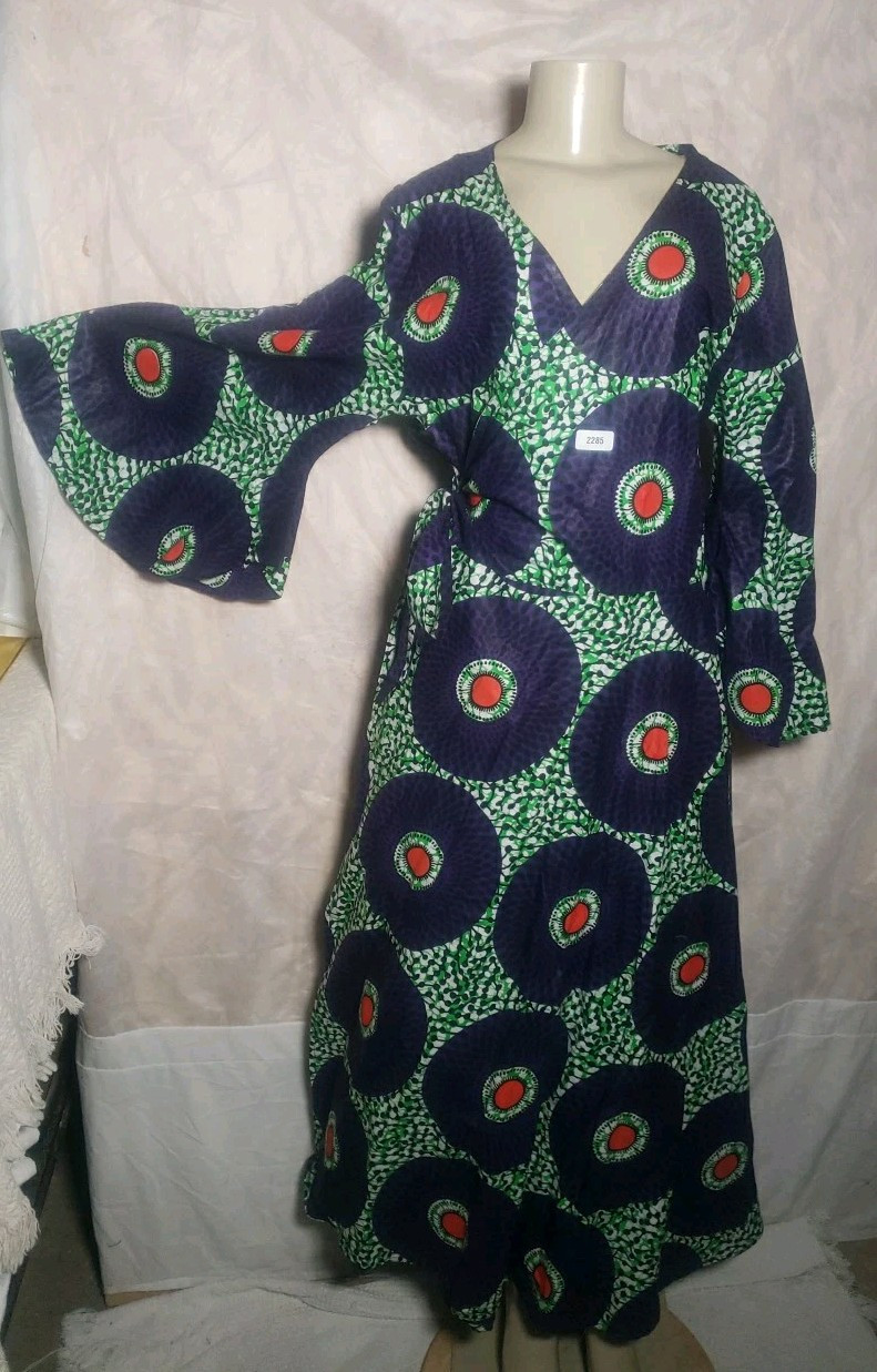 African Ankara Wrap Maxi Dress Clothing Multicolor Formal Wear Bell Sleeves
