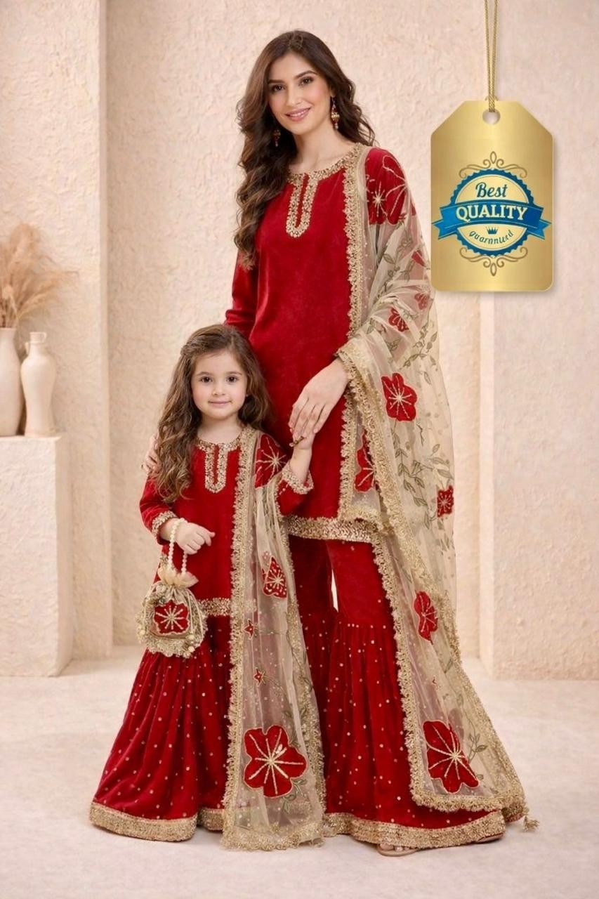 Designer Mom Daughter Sharara Suit Silk Top Dupatta Set Indian pakistani eid new