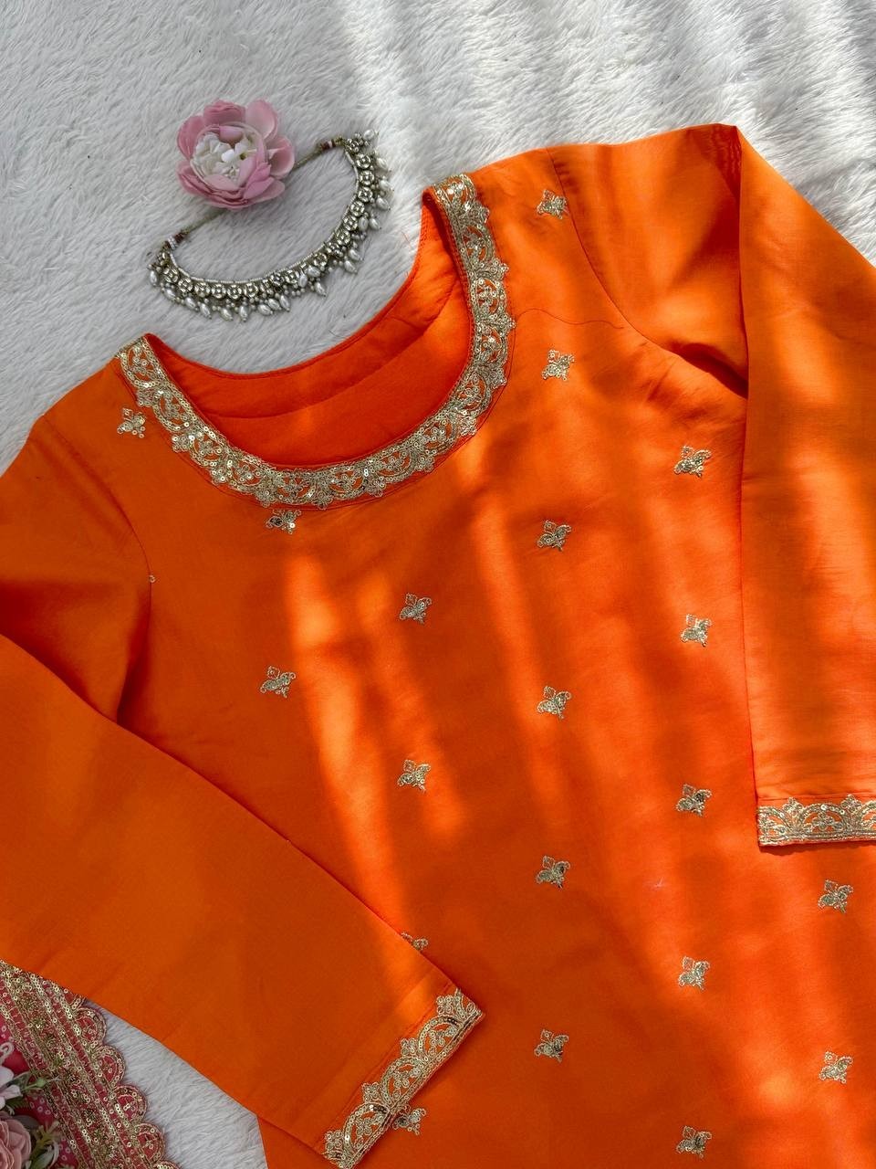 Latest Chinon Silk Orange Palazzo Suit With Dupatta For Indian Ethnic Wear
