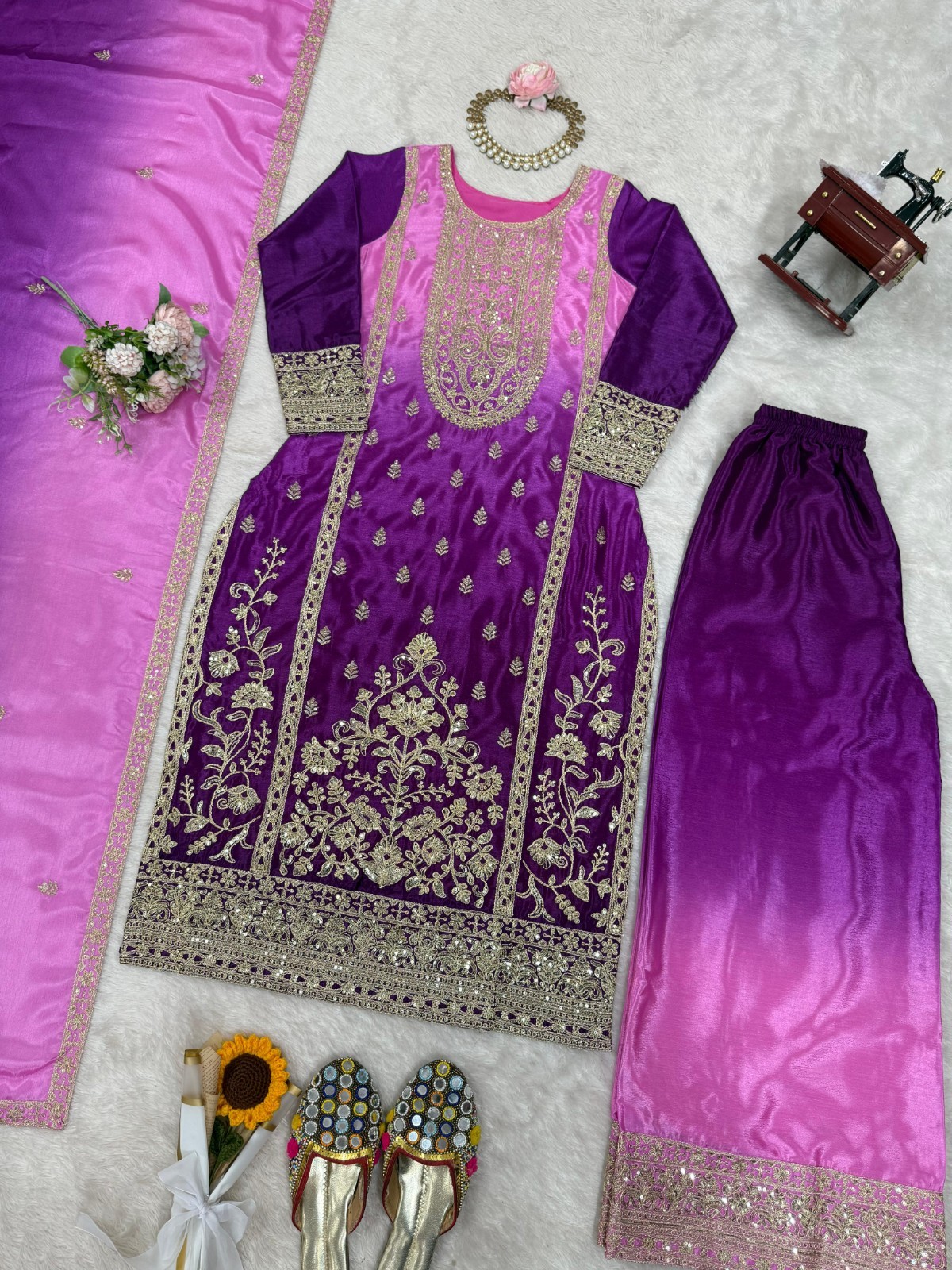 Latest New Chinon Silk Purple Top Palazzo With Dupatta For Women & Girls Wear