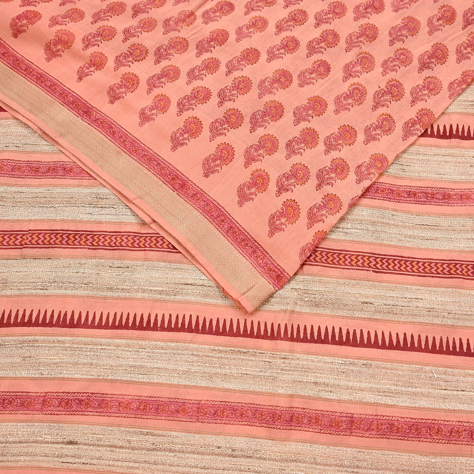 Indian Vintage Peach Block Printed Pure Chanderi Silk Saree Floral woven Border