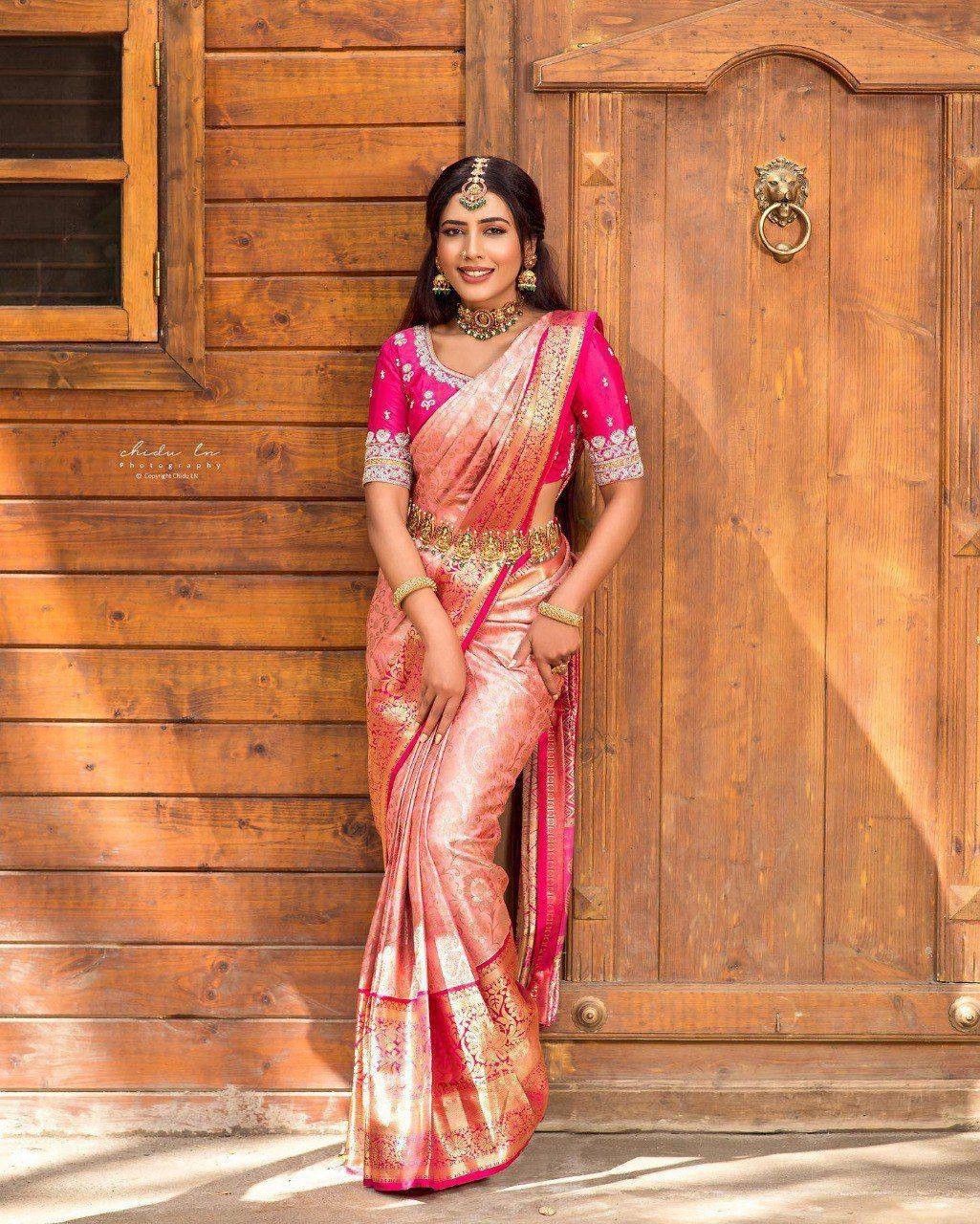 Launching Wedding Wear Pink Lichi Silk Saree With Blouse For Women & Girls