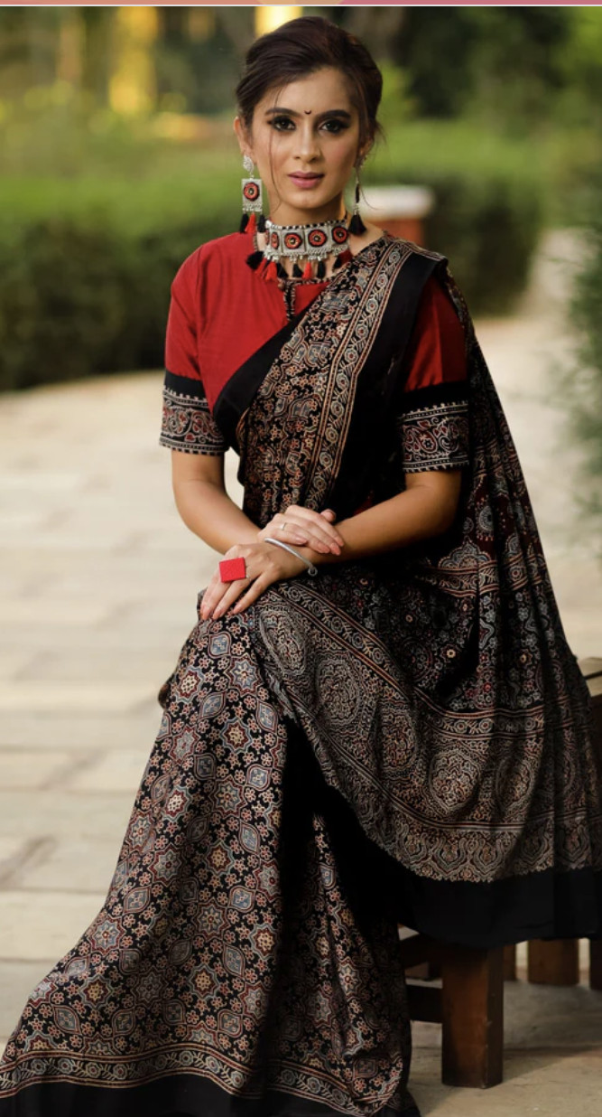 Pure black modal silk Ajrakh block printed designer saree
