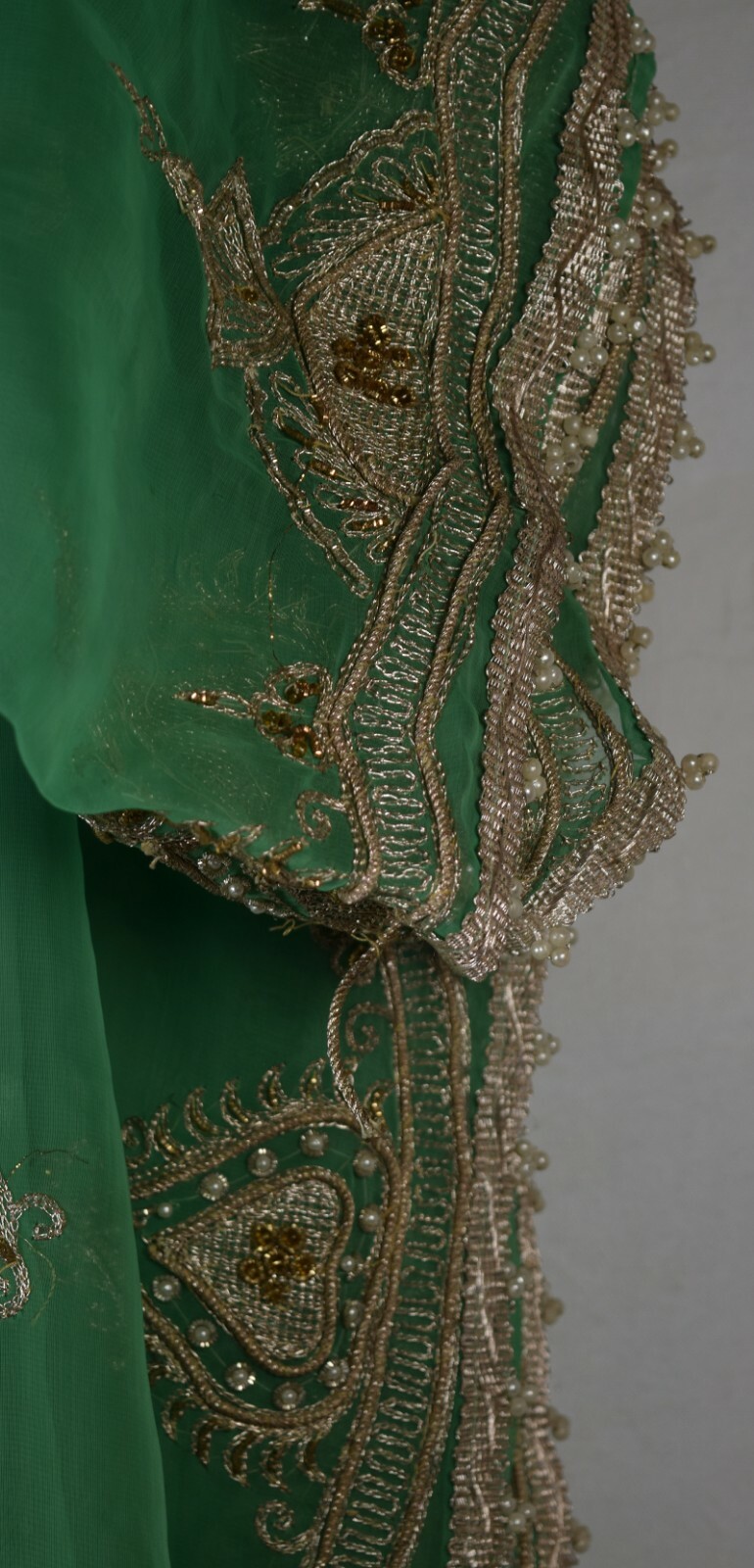 Antique Beads Gota Work Indian Cut Saree Sari Party Wear Dress Grass Green Gold