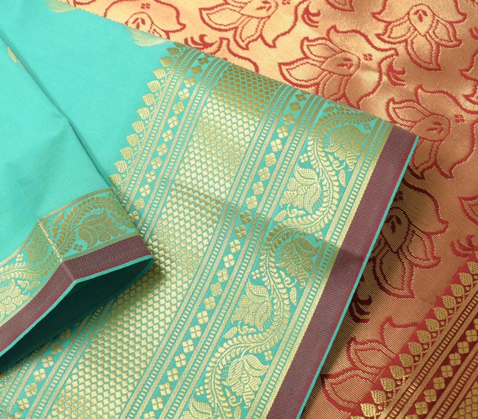Banarasi Art Silk Saree with Blouse Fabric Aqua Green Leaves Gold Zari Weaving