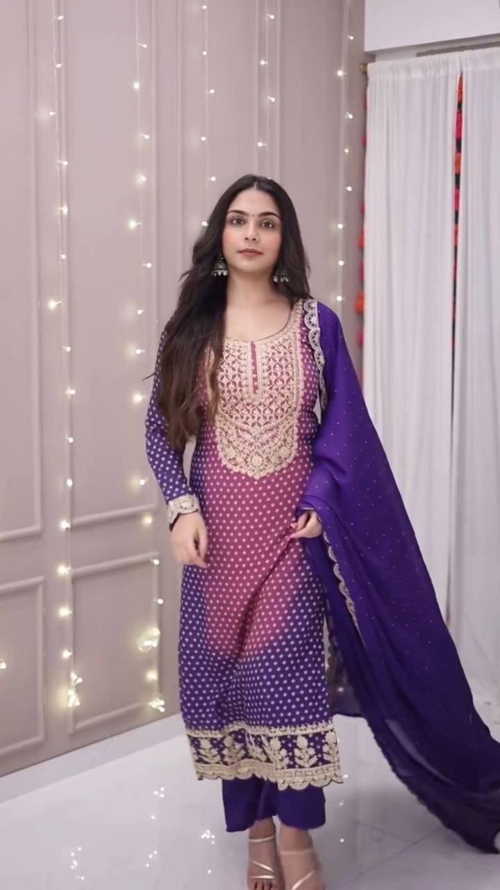 Indian Designer Printed Chinnon Salwar Kameez With Dupatta For Women