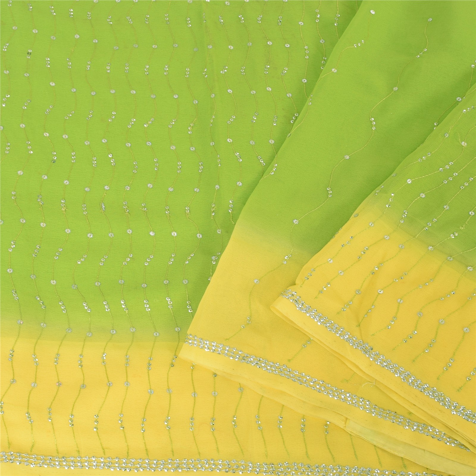 Sanskriti Vintage Lemon/Green Sarees Georgette Hand Beaded Craft Fabric Sari