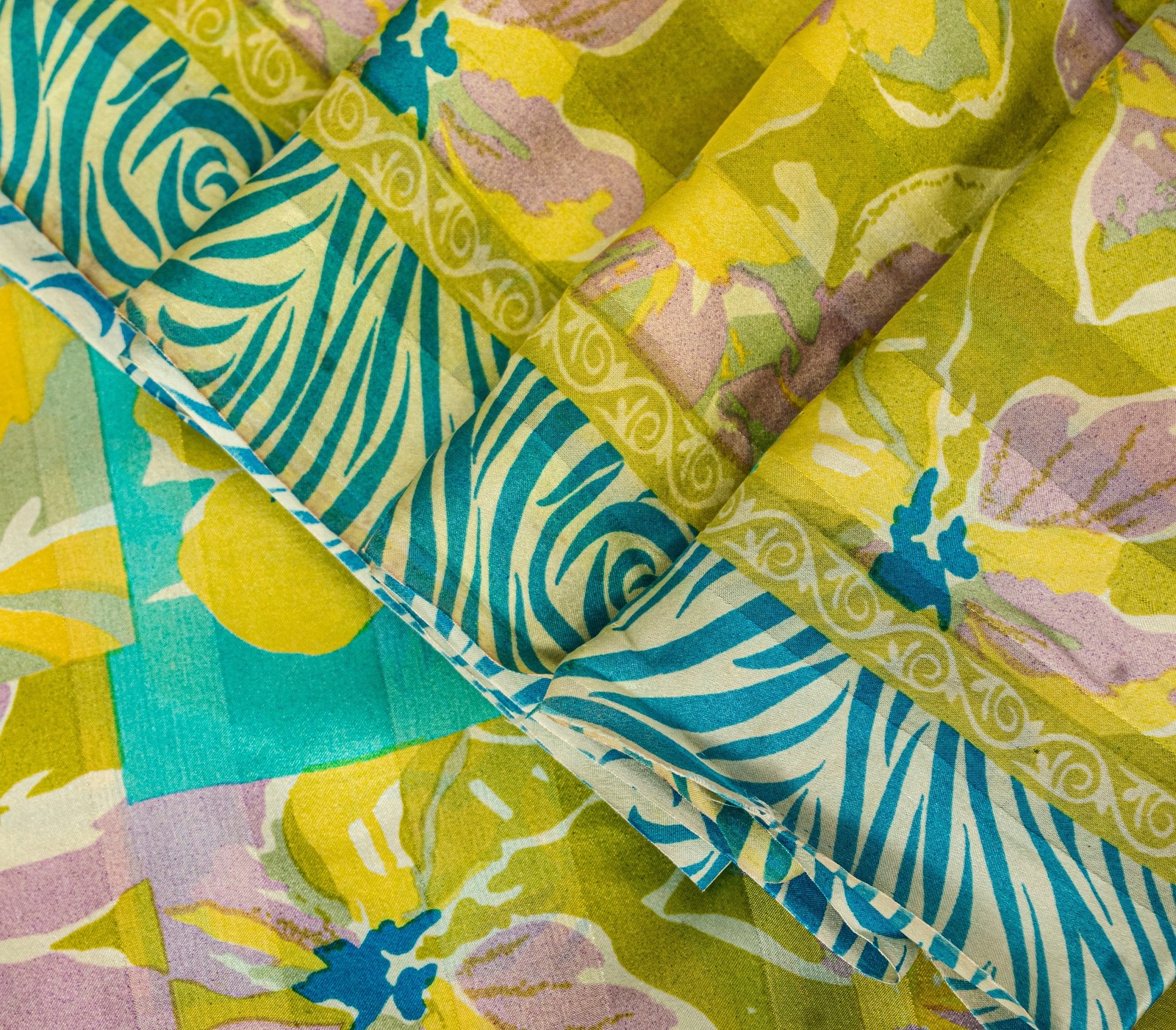 Sanskriti Vintage Yellow-Blue Sari Soft Pure Silk Floral Printed Saree 5.5Yard