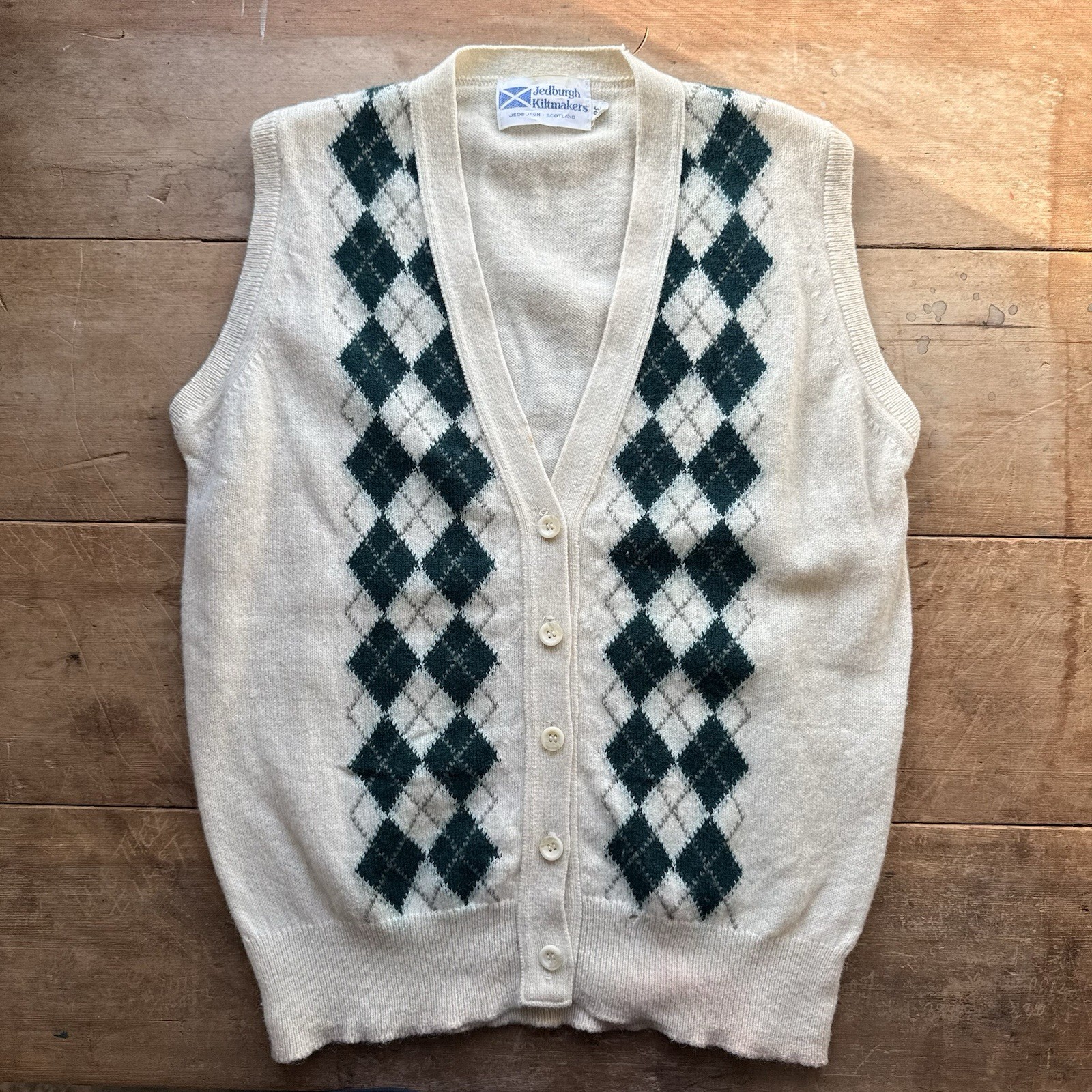 Men’s Jedburgh Kiltmakers Wool Vest Cardigan Sz 38 Cream Green Argyle Scottish