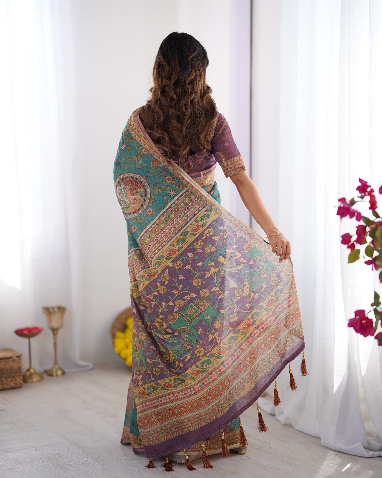 Women’s Linen Tissue Silk Saree Teal Purple Kalamkari Digital Print with Blouse