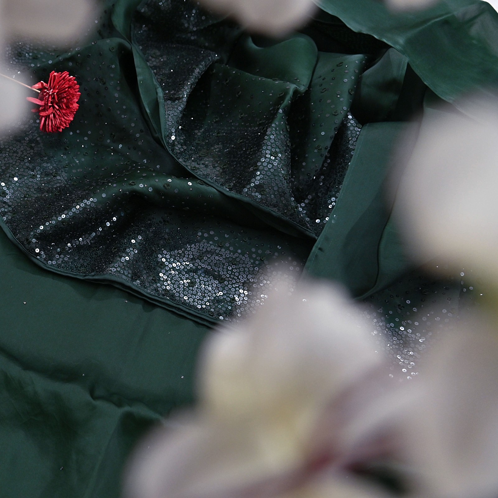 Rare Vintage Bottle Green Pure Organza Silk Saree Zardozi Hand Embroidered Sari