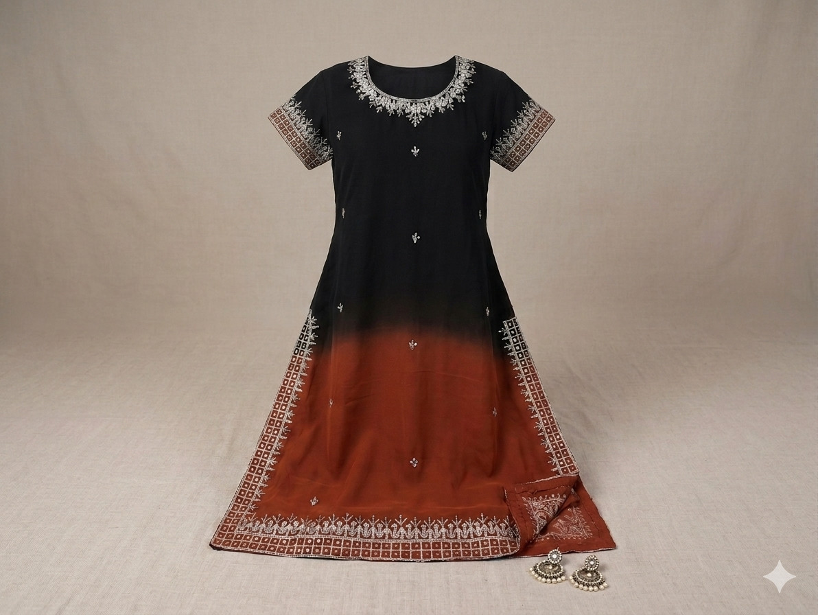 Traditional Indian Embroidered Kurta Tunic Ombre Black Brown Half Sleeve Dress