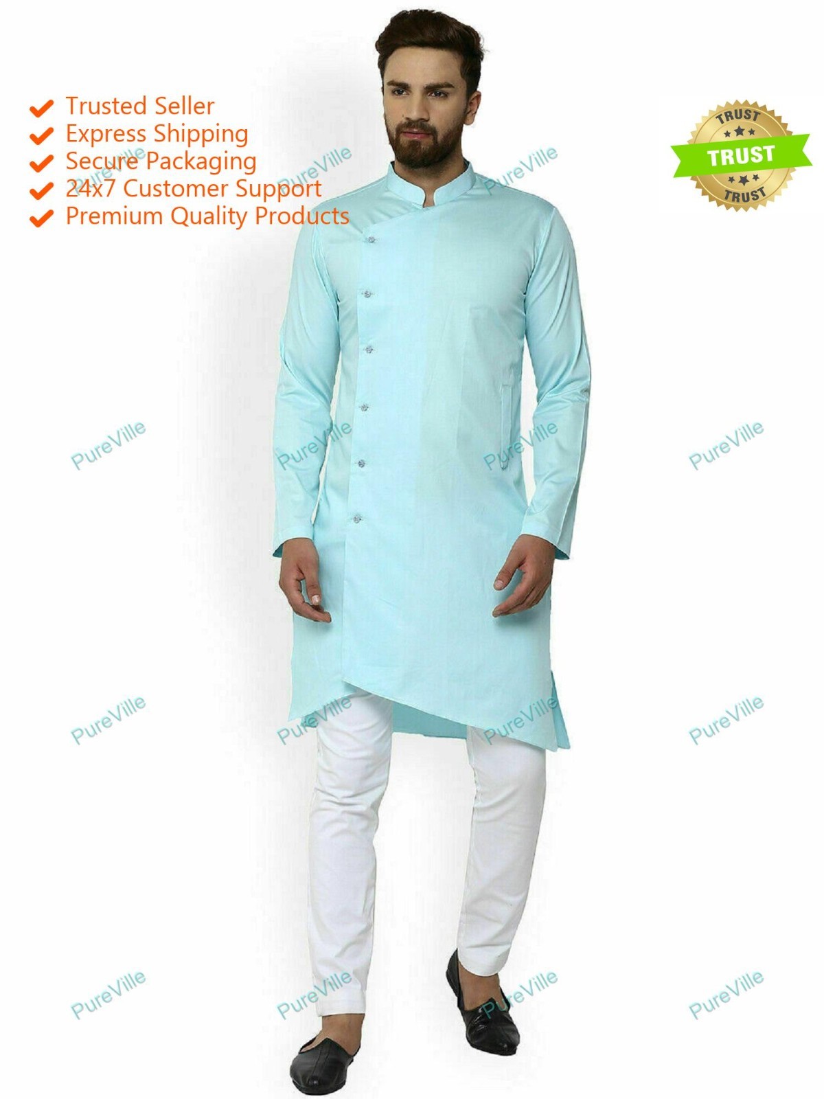 Indian Cotton Mens Shirt Long Sleeve Kurta Loose Shirt Mens Lounge