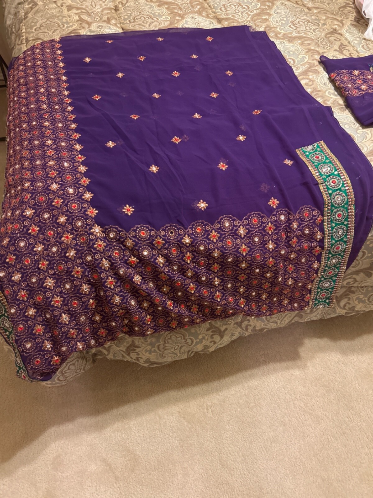Dark Purple Embroidered Georgette Saree with Unstitched Blouse