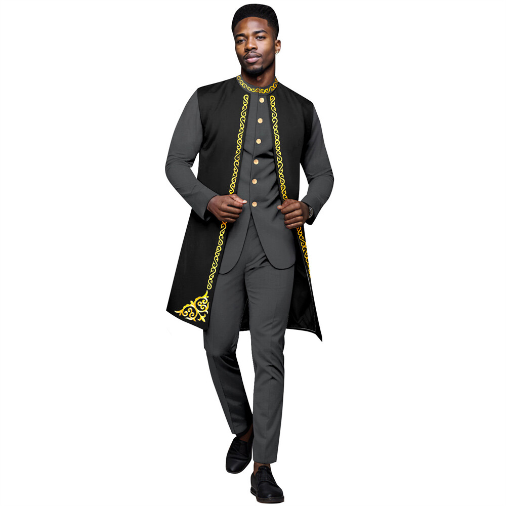 Men’s African 3 Piece Set Traditional Shirt and Pants Set Suit Middle East Suit