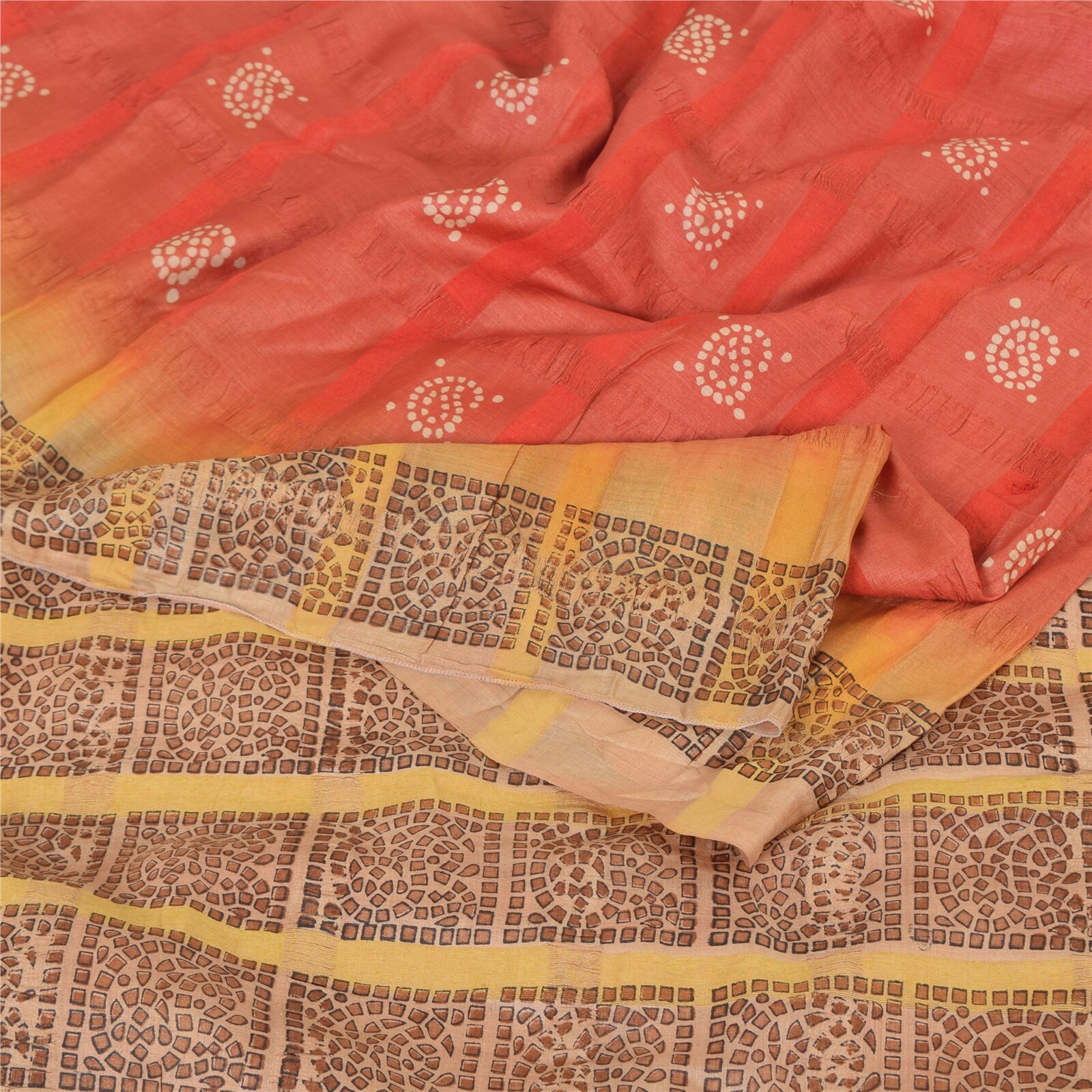 Sanskriti Vintage Indian Brown/Red Sarees Pure Silk Printed Sari 6Ydcraft Fabric