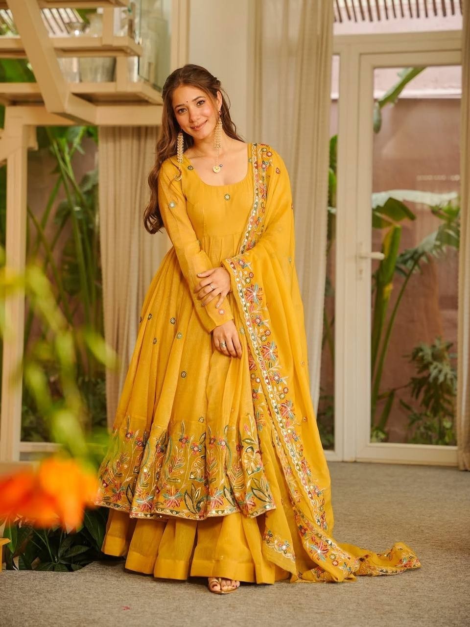 Haldi Pithi Yellow Anarkali Gown Wedding ceremony Wear Gown Palazzo Suits