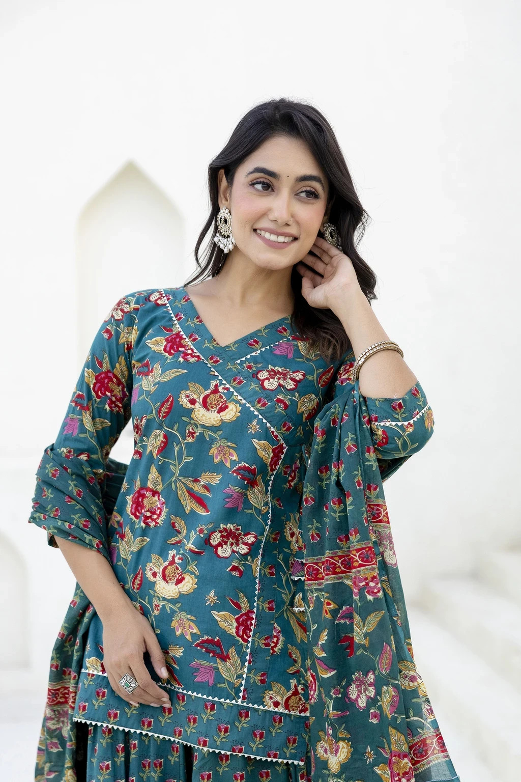 Floral Printed Women’s Kurti Skirt Dupatta Set Indian Desigenr Ethnic Kurta Set