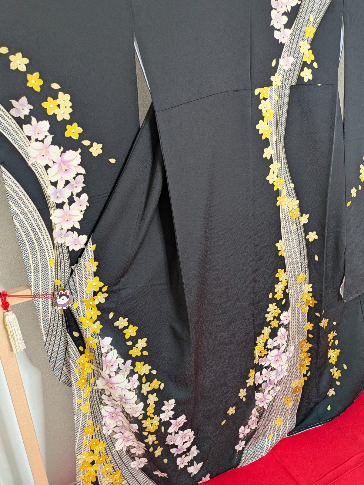 Japanese Kimono Silk Furisode Black Yellow & Purple Flowers Vertical Waves Art