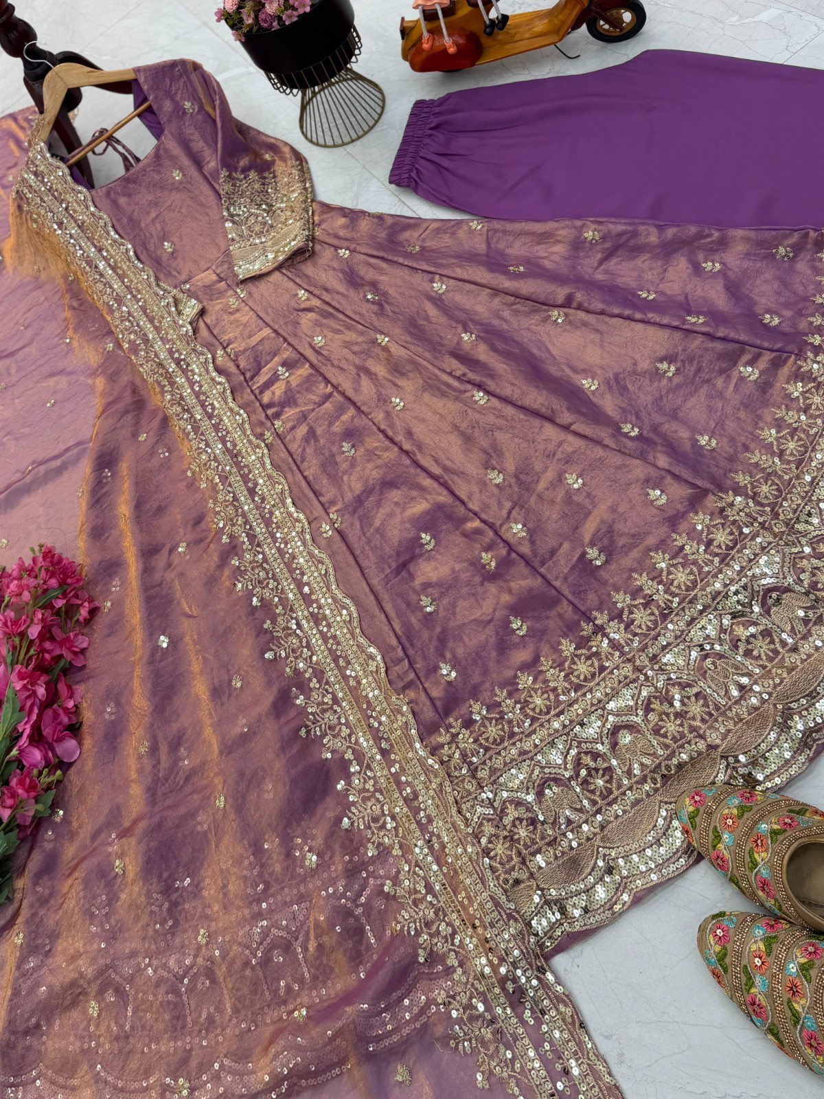 Mauve Fendy Silk Ready Made Designer Embroidered Anarkali Party Wear Suit M