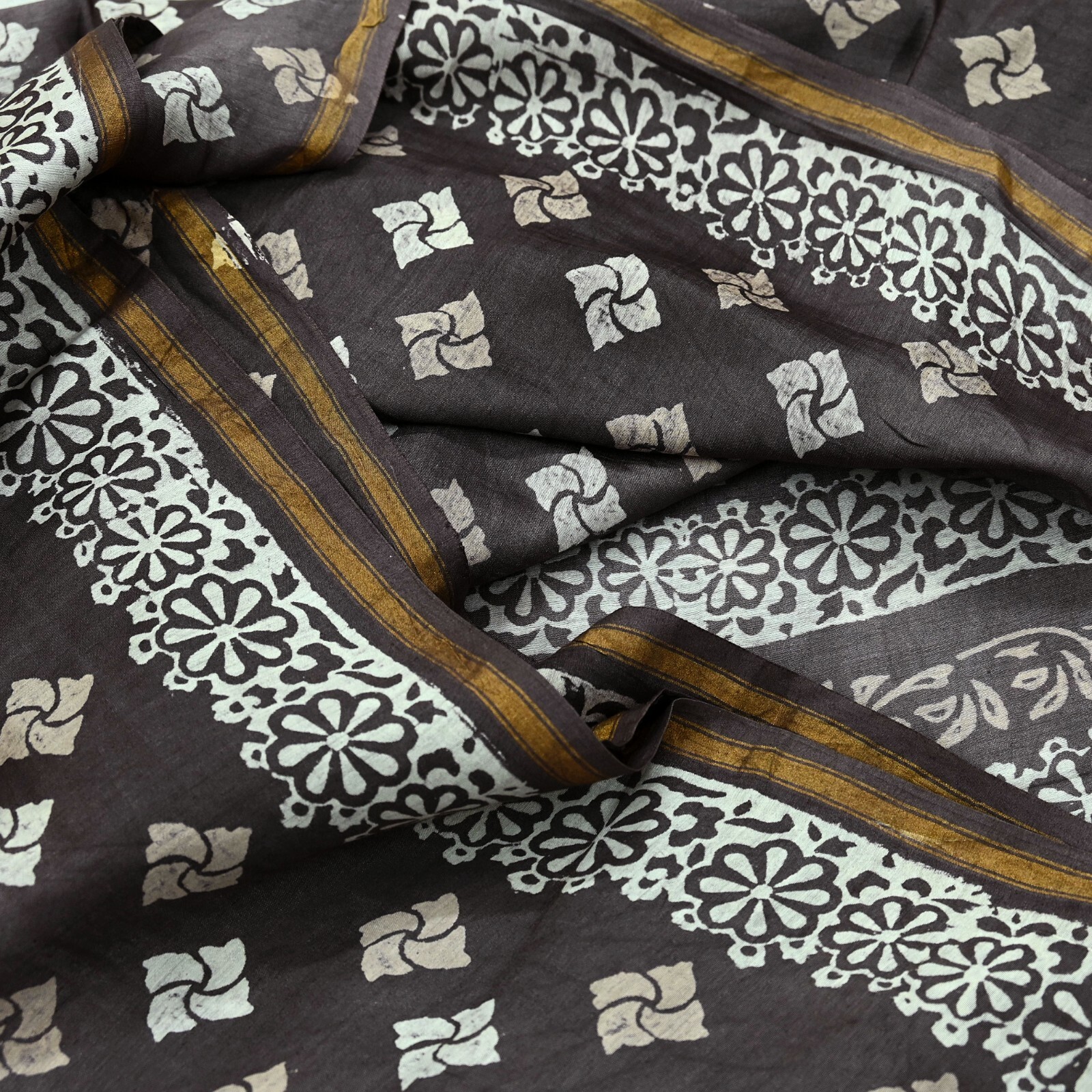 Indian Vintage Sari Brown & Ivory Pure chanderi Silk Block Printed Sarees Fabric
