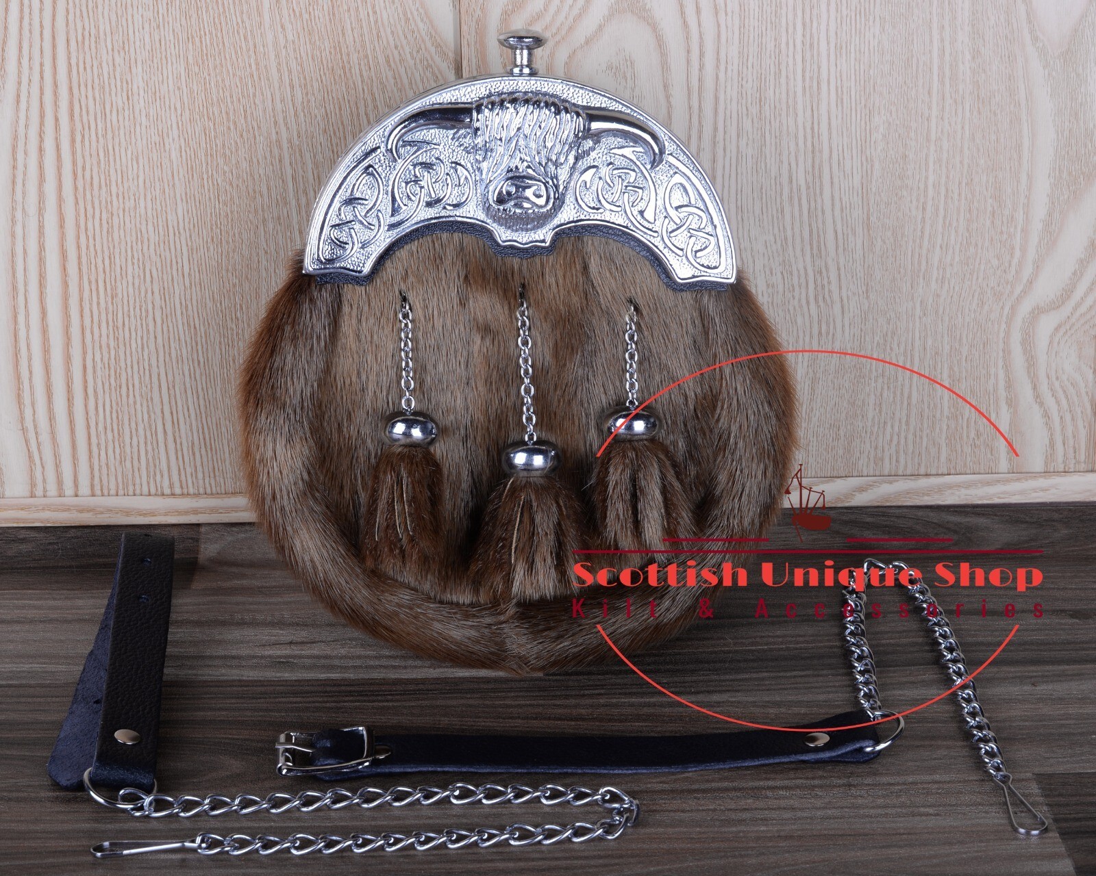 Handmade Full Dress Seal Fur Sporran Silver Cow Head Design Cantle & BELT Strap