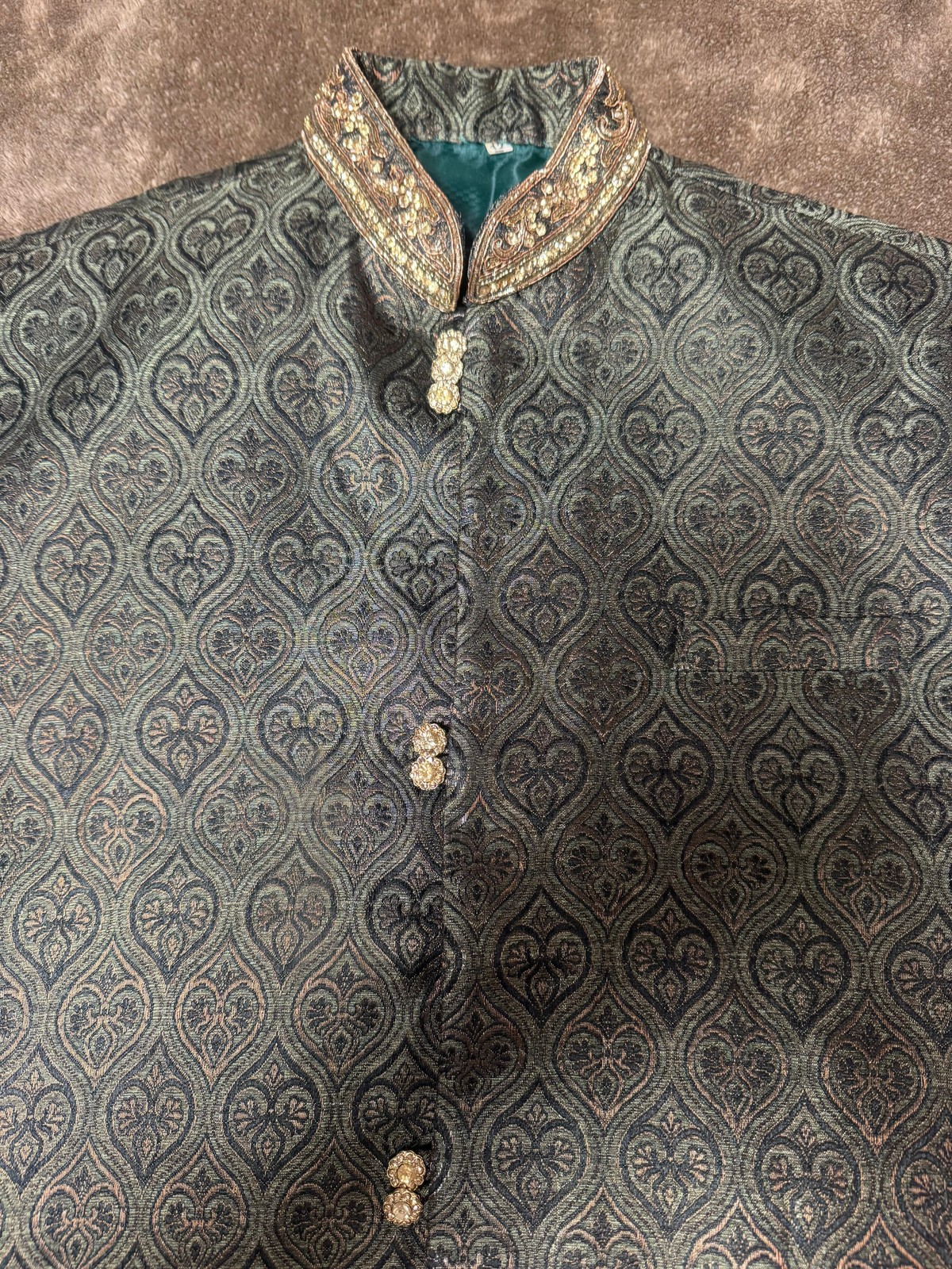 Black Silk Straight Kurta with Jamawar Vest with gold embellishments