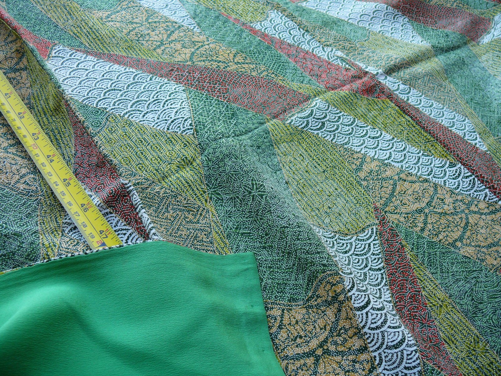 100% SILK WEDDING KOMON:Unique Abstract/Tsunami WAVE GREEN EATHY RED@F23a