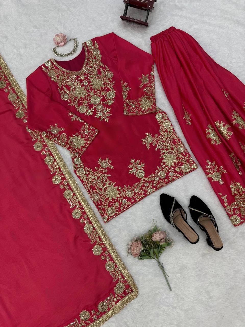 Latest New Chinon Silk Pink Top Palazzo With Dupatta For Wedding Wear