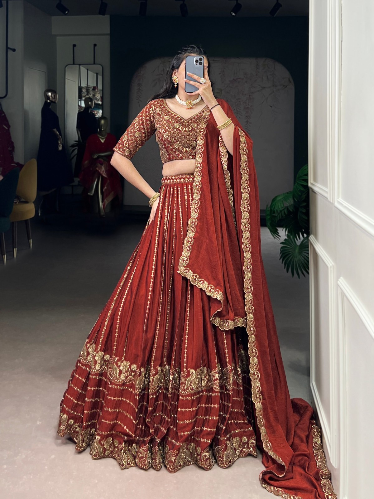 Elegant Look Orange Rangoli Crush Lehenga Choli With Dupatta For Wedding