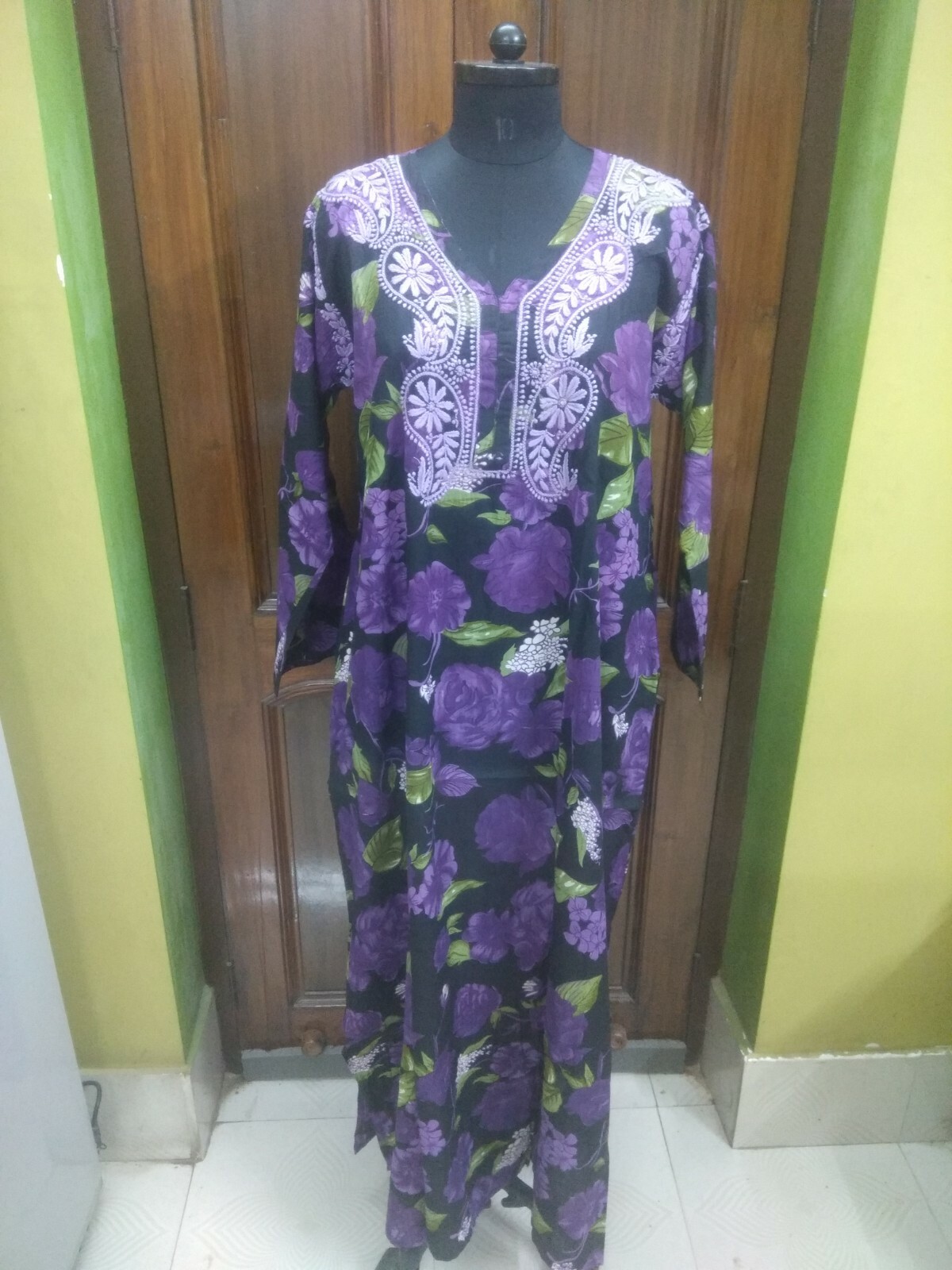 LONG MAXI XL 45″ ETHNIC 100% COTTON CHIKAN EMBROIDERY TOP HANDMADE KURTA KURTI