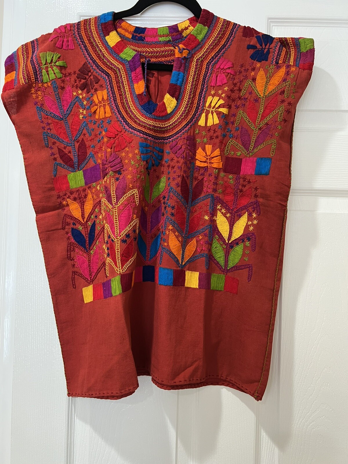 MILPA WOMEN OAXACAN FRIDA HANDMADE EMBROIDERED MEXICAN BLOUSE MEDIUM BRICK RED