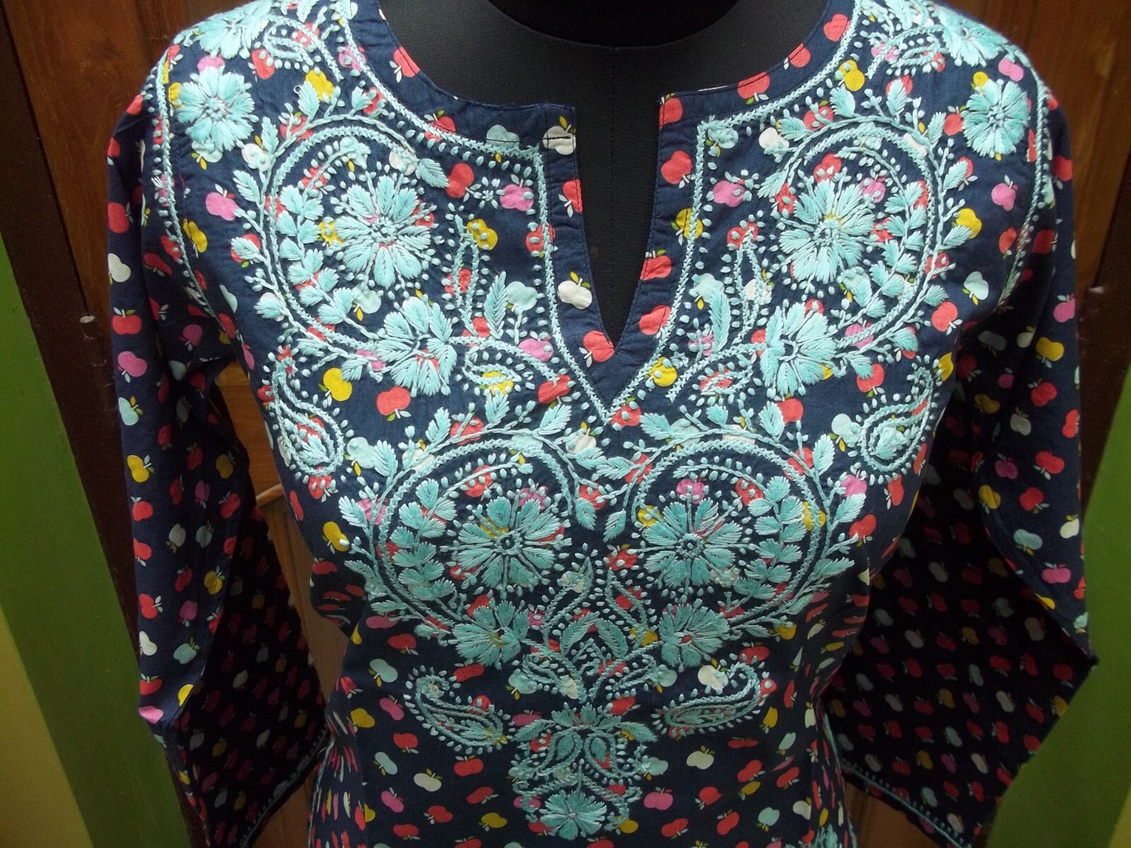 M 40″ APPLE PRINT KURTA ETHNIC HANDMADE 100% COTTON TOP KURTI CHIKAN EMBROIDERY