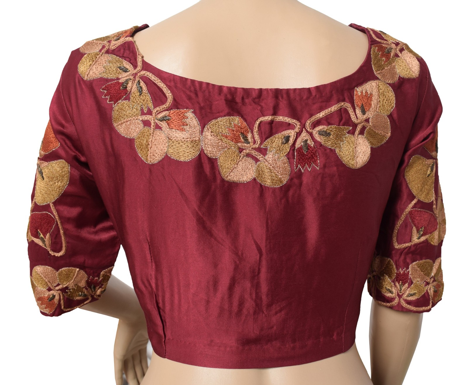 Sushila Vintage Readymade Embroidered Sari Blouse Pure Satin Maroon Choli 42″