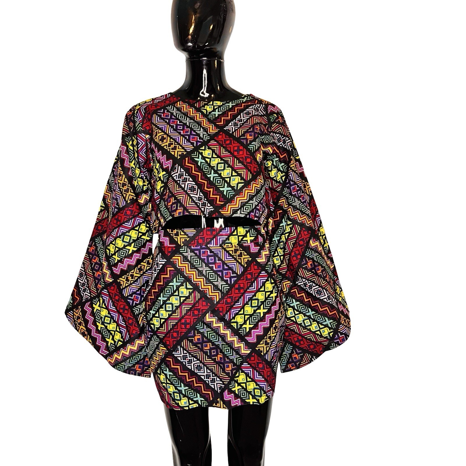 2 Piece African Print Women Multicolor Bell Sleeve Crop Top Blouse & Short Skirt