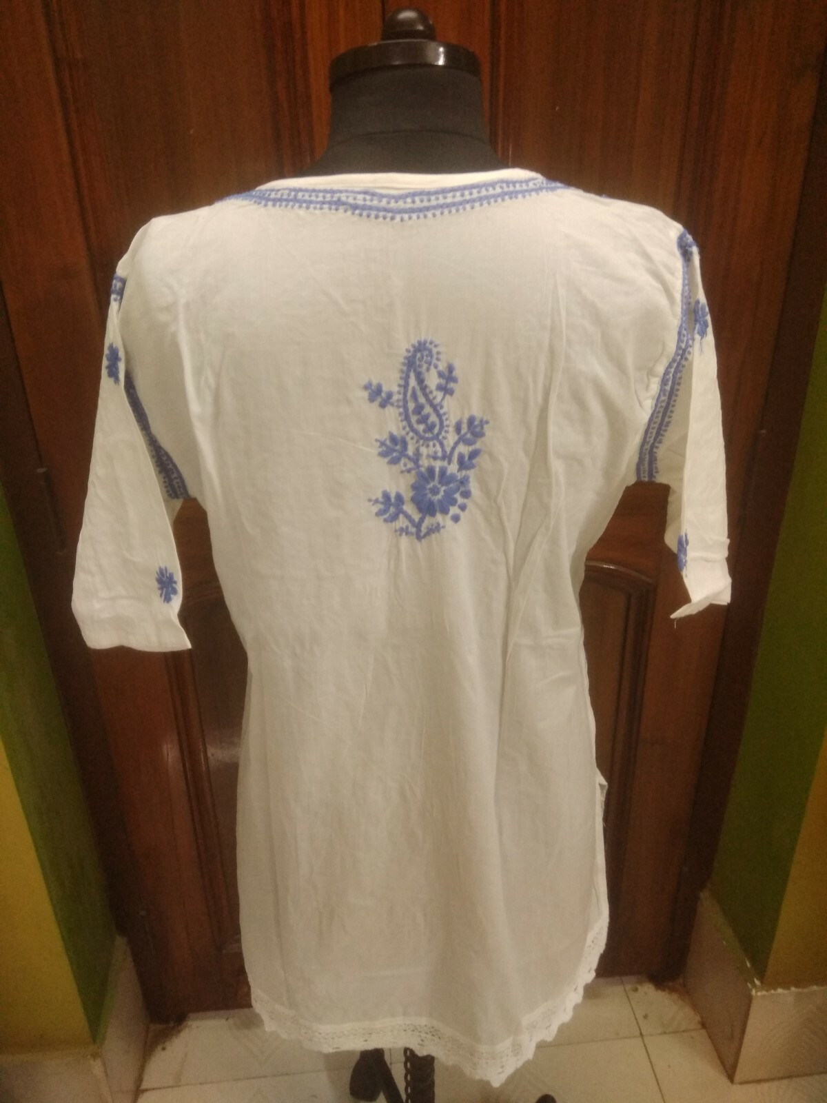 KURTA KURTI SHIRT L 43″ ETHNIC CHIKAN EMBROIDERY 100% COTTON HANDMADE TOP TUNIC