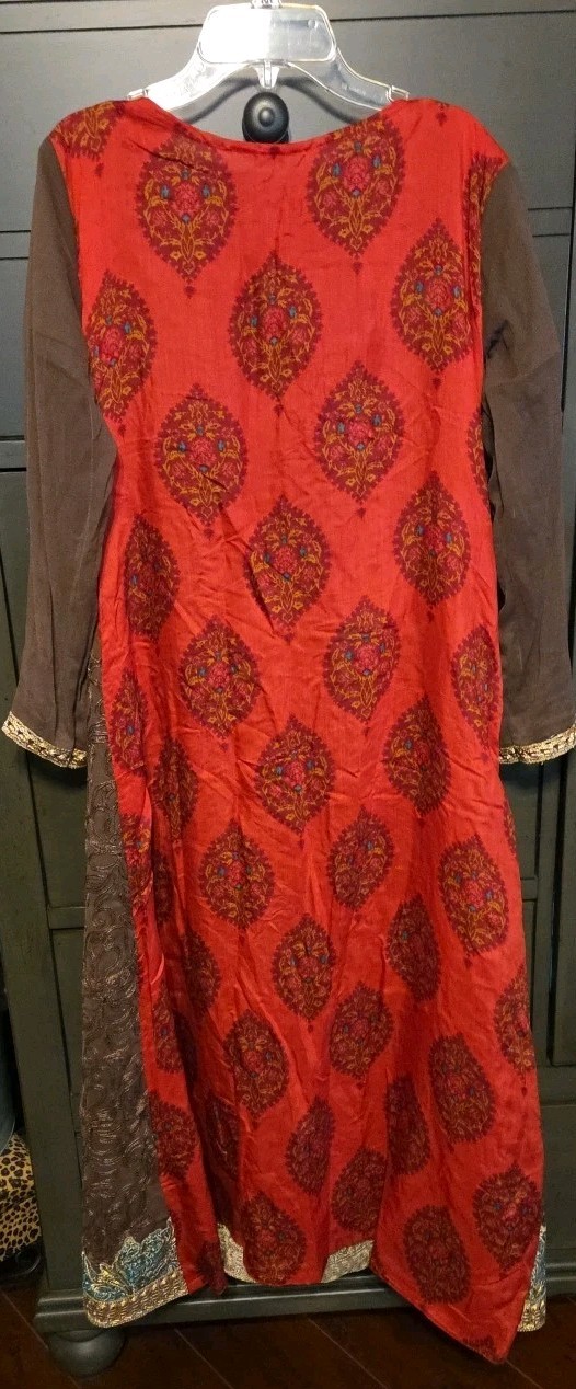 Womens Pakistani Long Embroidered Shirt Brown Green Red Banarsi Golden Tussle