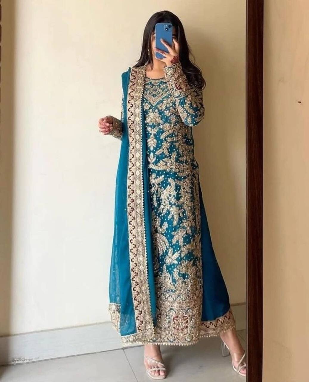 Blue Straight Kurta Pant Set with Embroidery & Diamond Handwork for Weddings