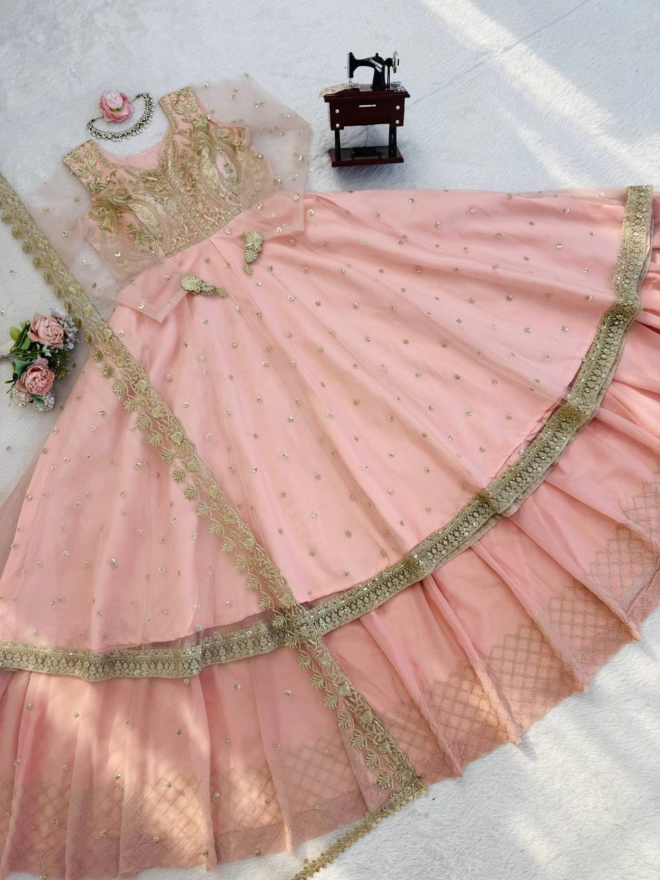 Stunning Faux Georgette Peach Top Lehenga With Dupatta For Wedding & Party Wear