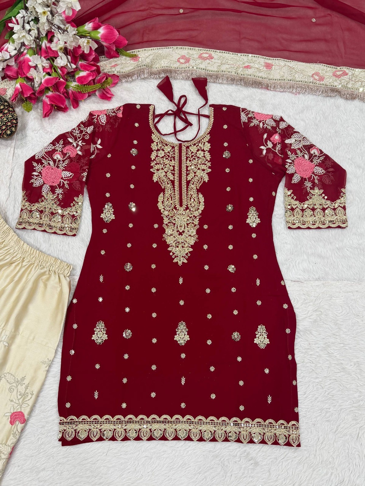 Latest Maroon Faux Georgette Salwar Kameez With Dupatta For Indian Festive Wear