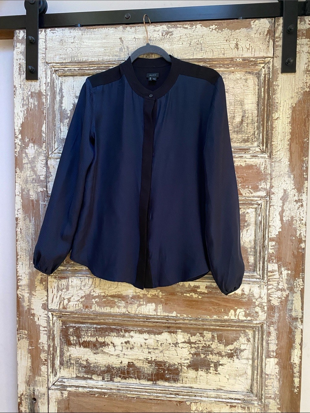 Theory 100% Silk Navy Collarless Button Down Blouse with Black Trim, Size M