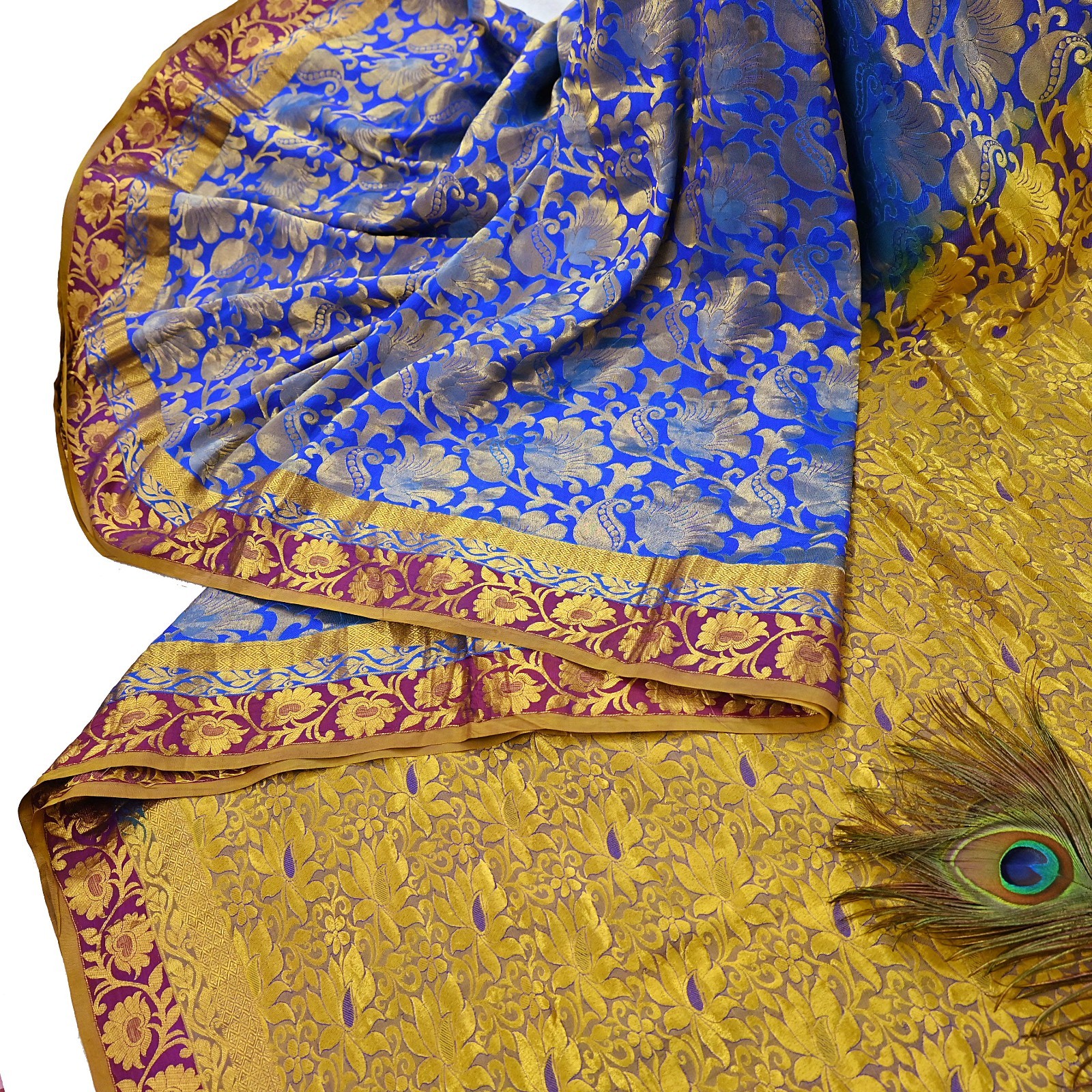 Indian Vintage Heavy Royal Blue & green Kanjivaram Saree 100% Pure Silk Sari 5yd
